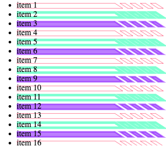 The list items have a background image that is either pink, purple or green, with different stroke widths, and the green one being filled.