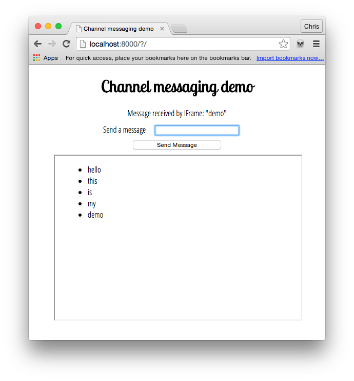 Demo with "Hello this is my demo" sent as five separate messages. The messages are displayed as a bulleted list.