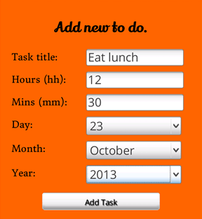 The form of the to-do app, containing fields to fill in a task title, and minute, hour, day, month and year values for the deadline.