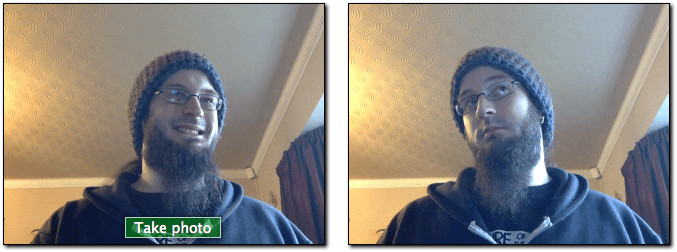 WebRTC-based image capture app — on the left we have a video stream taken from a webcam and a take photo button, on the right we have the still image output from taking the photo