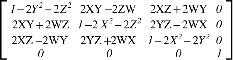 The formulas used to convert the sensor's quaternion to the provided matrix.