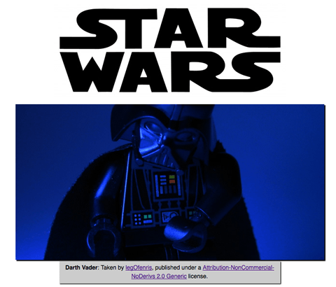 The words Star Wars followed by an image of a Lego version of the Darth Vader character