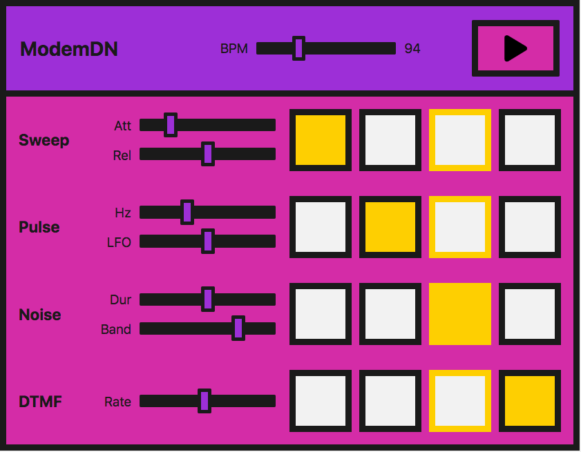 A sound sequencer application featuring play and BPM master controls and 4 different voices with controls for each.