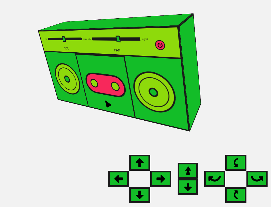 A simple UI with a rotated boombox and controls to move it left and right and in and out, and rotate it.