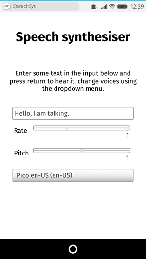 UI of an app called speak easy synthesis. It has an input field in which to input text to be synthesized, slider controls to change the rate and pitch of the speech, and a drop down menu to choose between different voices.