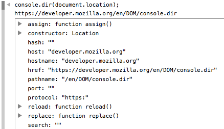 A screenshot of the Firefox console where console.dir(document.location) is run. We can see the URL of the page, followed by a block of properties. If the property is a function or an object, a disclosure triangle is prepended.