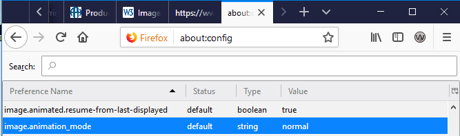 Screenshot of image.animation.mode selected in Firefox