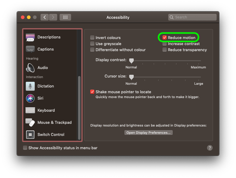 Screen shot showing how to reduce motion on a MAC OS
