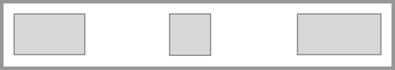 Three rectangles of different widths are inside a box. The first rectangle is aligned to the left side of the containing box, the third rectangle is aligned right, and the middle rectangle is equally spaced between the first and last.
