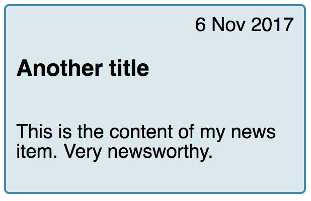 A design component with a date, then heading and then content.