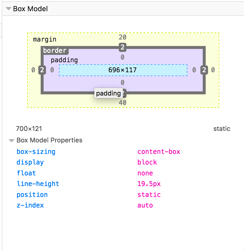 Screen shot box model panel in browser dev tools which shows the four values for margin, border, and padding along with height and width in a graphic at top and lists box-sizing, display, float, line-height, position, and z-index below the graphic.