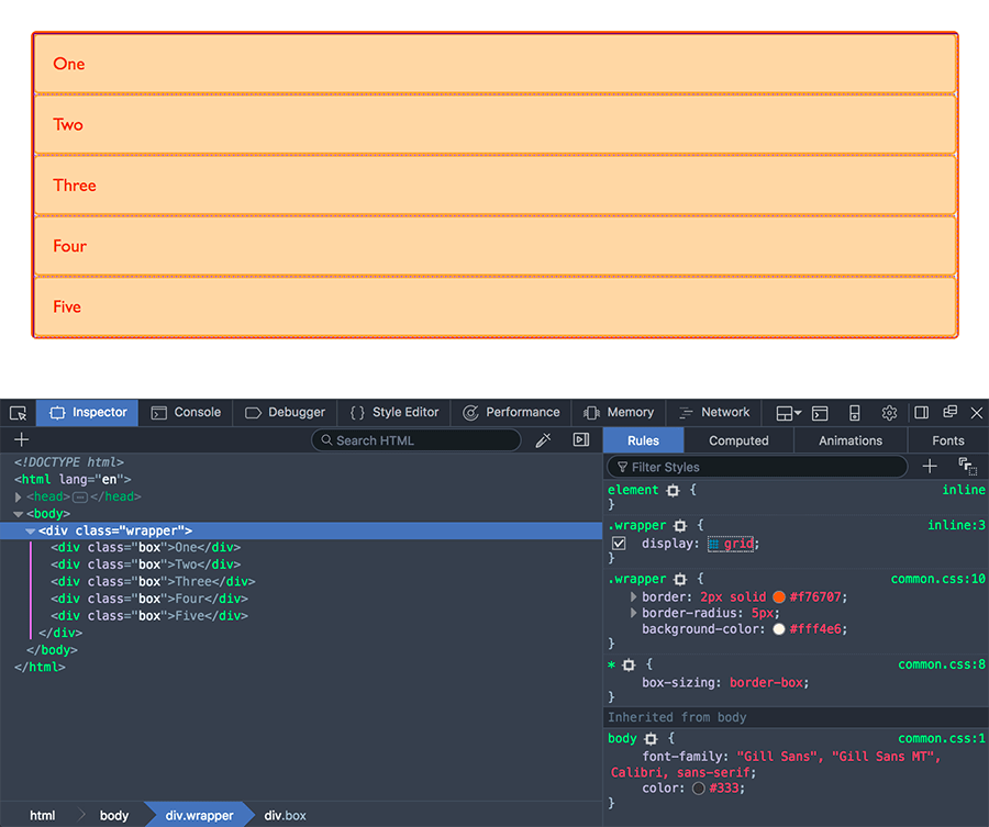 Using the grid highlighter in DevTools to view a grid