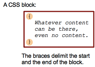 Two braces delimit the start and end of a CSS block, with css content or no content between the braces.