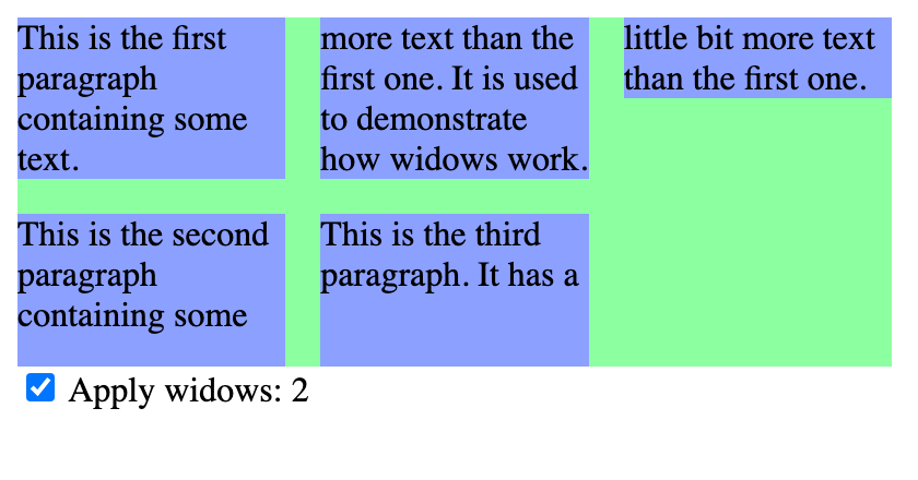 Three paragraphs in three columns. The second paragraph spans the first and second columns. The third paragraph has two lines at the bottom of the second column and two lines at the top of the third column.