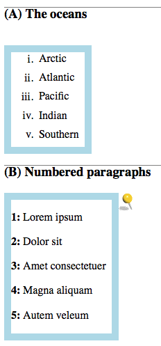A list of five placeholder texts is titled Numbered Paragraphs. A yellow pin is placed to the right of a blue box containing the list.