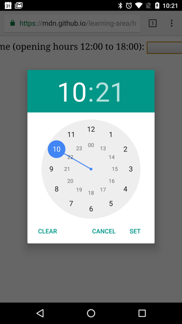 Phone screen showing modal dialog with 10:21 as a header. The 10 is fully opaque. The 21 is not. The main area has a circle with the numbers 1 - 12 in a ring, and the number 13 -24 on an inner ring. The number 10 is highlighted with a blue circle. The buttons at the bottom are clear, cancel, and set.