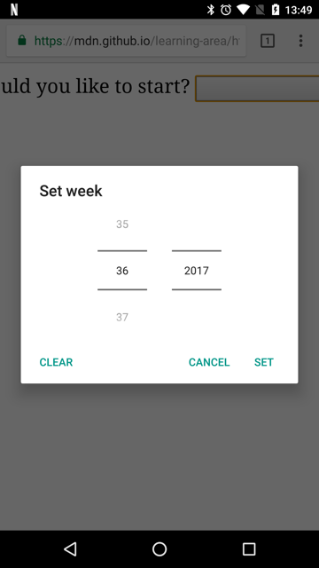 A modal popup. The header reads 'set week'. There are two columns: the left has 36 in the middle at full opacity, with 35 above it and 37 below being semi-opaque. On the right side, 2017 is fully opaque. There are no other options. Three text links or buttons on the bottom include 'clear' on the 'left' and 'cancel' and 'set' on the right.