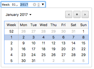 An input reading 'week 01, 2017'. The background of the 2017 is the same blue as the focus ring. There are 3 icons in the input: x or clear, a spinner with small up and down arrows, and a larger down arrow. A calendar is a pop-up below the input set to January 2017. The first column of the calendar is the week: 52, 1, 2, 3, 4, 5. the full month calendar is to the right of that. The row with Week 1 and January 2 to 8 is highlighted. On the same line as the month, there are buttons to move right and left for the next and previous months.