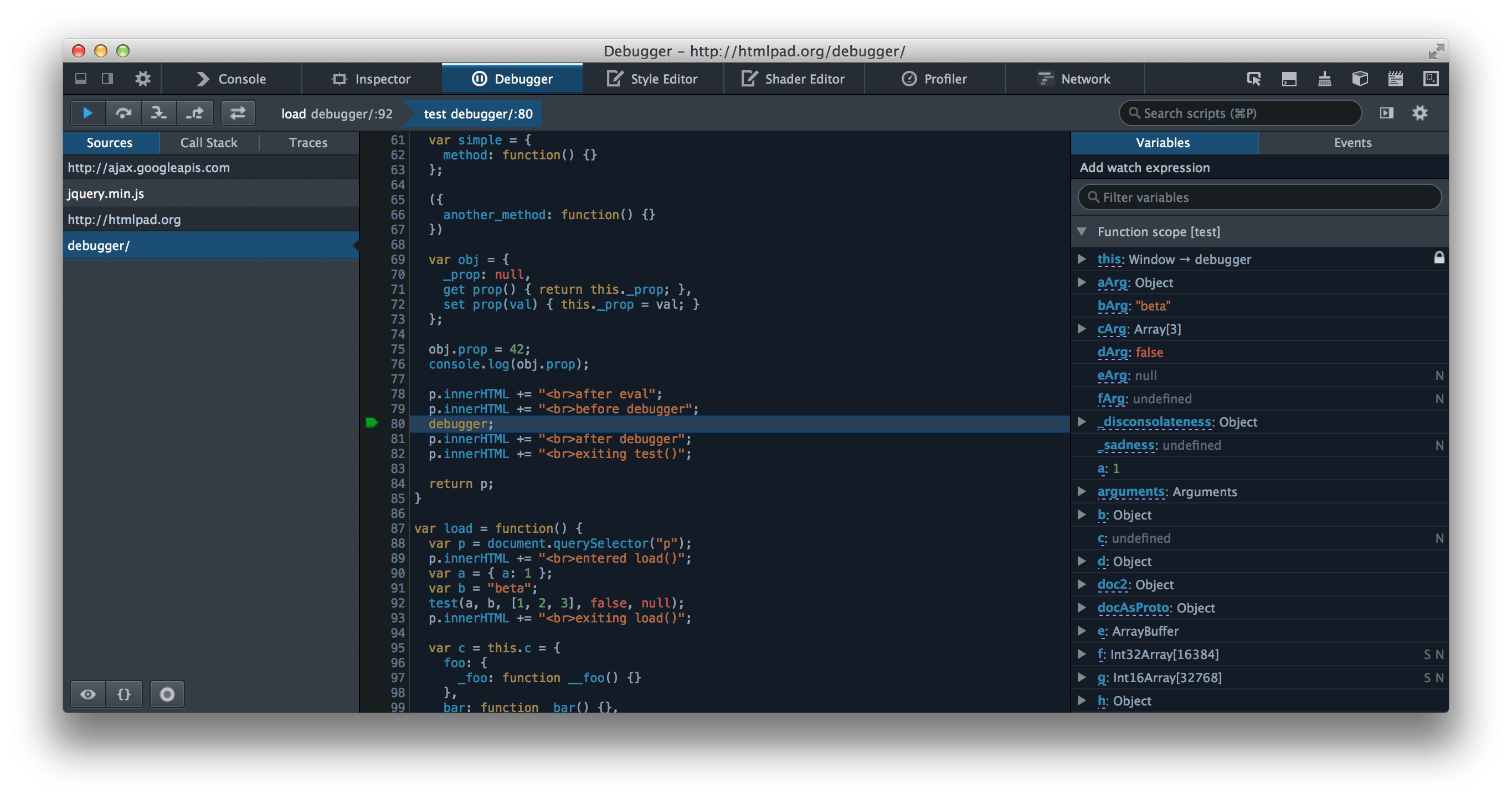 A browser with developer tools open to the debugger panel showing how execution is paused at the debugger statement to allow close inspection of variables, scopes, events, etc.