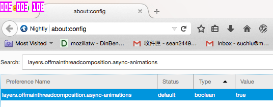 Entering the search term filters the options. Only the layers.offmainthreadcomposition.async-animations preference is showing, set to true. The three numbers in the upper left corner of the browser, above its UI, have increased to 005, 003, and 108.