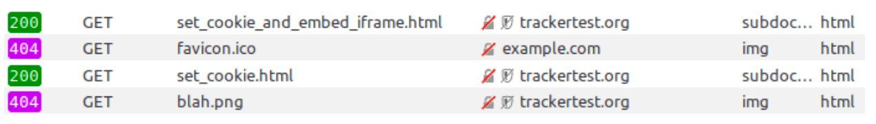 Network requests in Firefox DevTools indicating which ones are tracking resources with a small shield icon