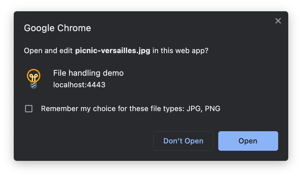 Chrome warning dialog for launching PWA to handle a file