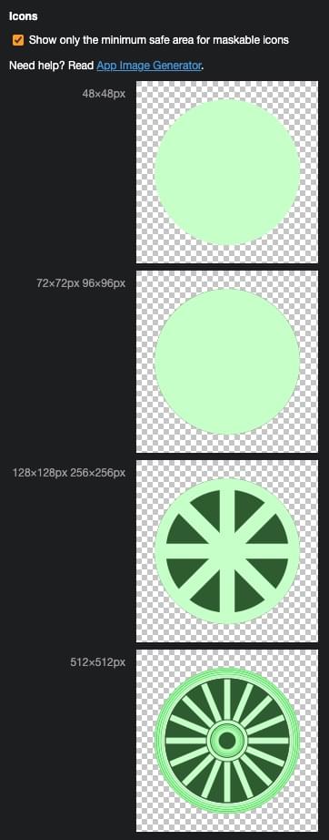 The four icons included in the Manifest file, with the background removed as "show only the minimum safe area for maskable icons is checked.