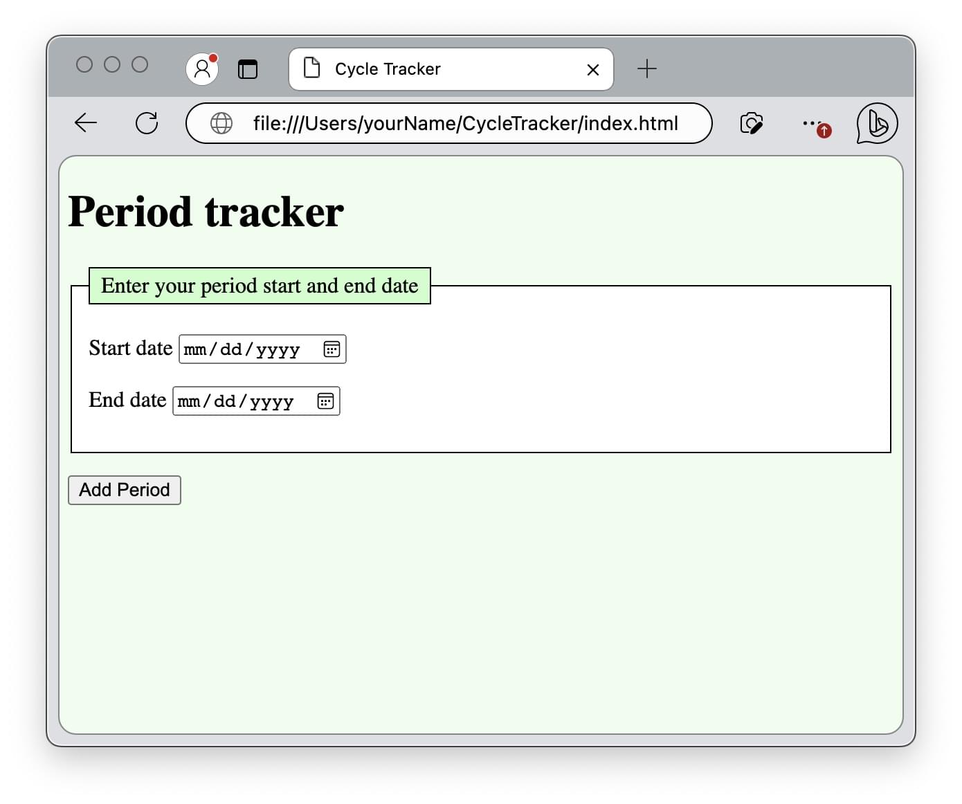 Light green web page with a large header, a form with a legend, two date pickers and a button. The bottom shows two placeholder menstrual cycles and a header.