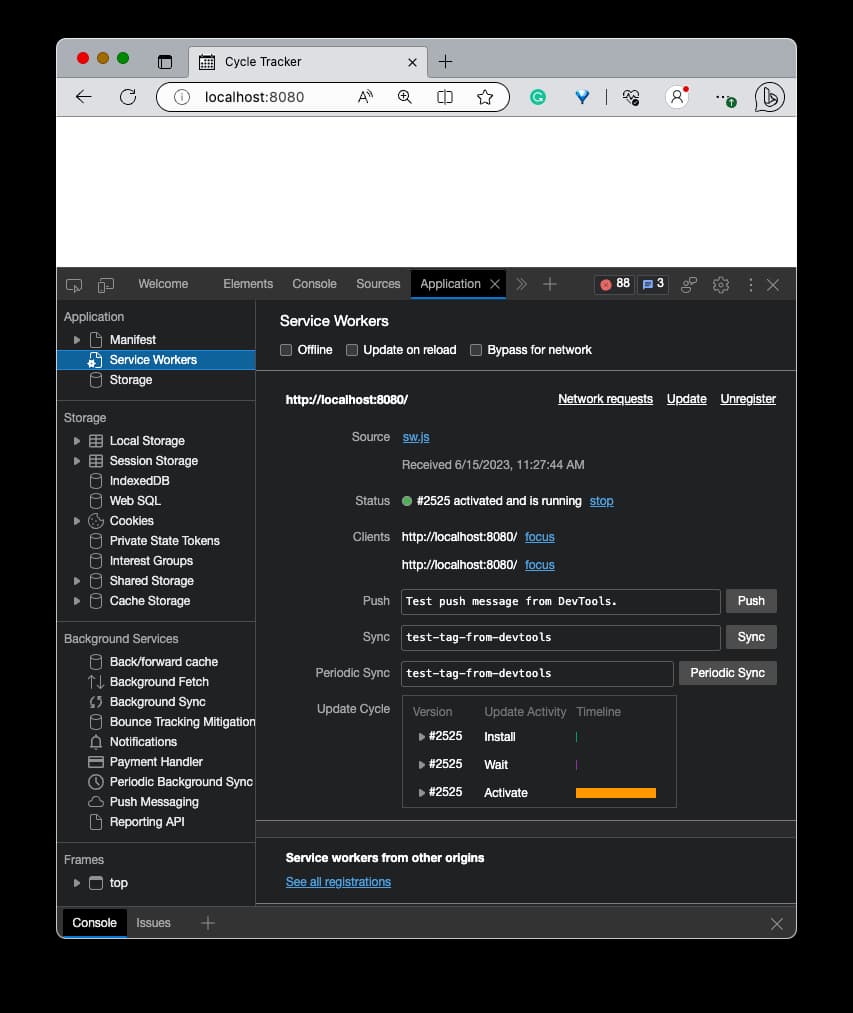 Edge developer tools showing the application panel set to a service worker