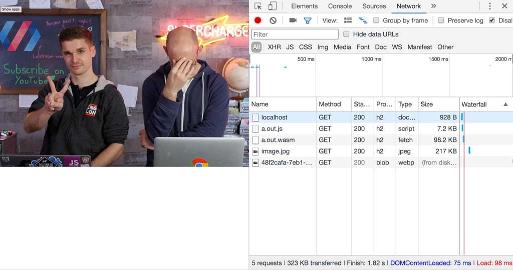 DevTools network panel and the generated image.