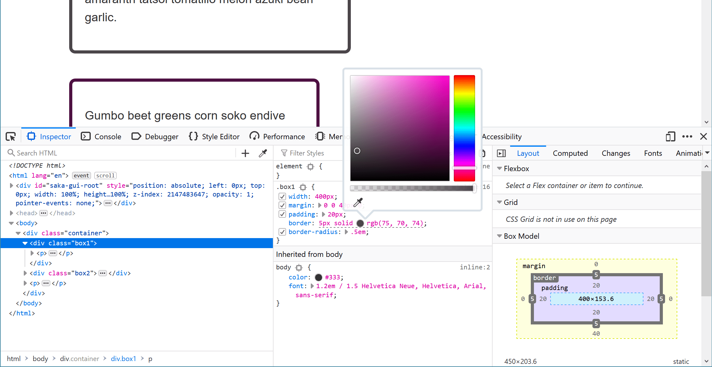 Ventana de aplicación de estilos de DevTools con un selector de color abierto.