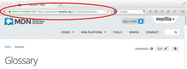 Ejemplo de dirección de una página web en la barra de direcciones del navegador