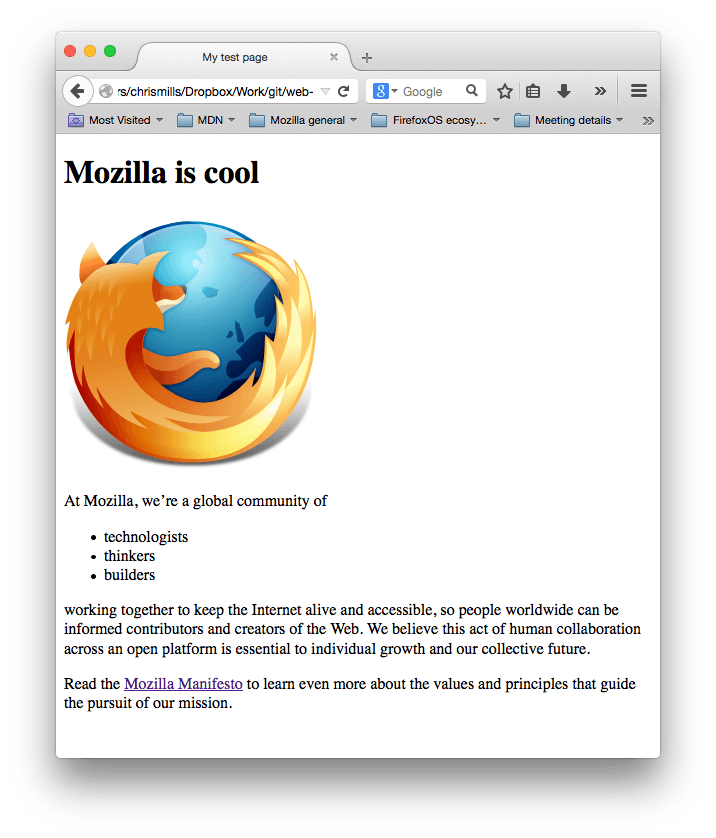 Una captura de pantalla de la página web que muestra el logo de Firefox, un encabezado que dice «mozilla es genial» y dos párrafos de texto de relleno.
