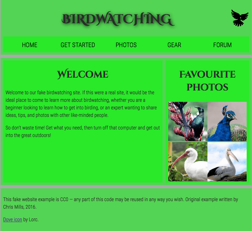 El ejemplo terminado para la evaluación; una página web simple sobre la observación de aves, que incluye un encabezado de "Observación de aves", fotos de aves y un mensaje de bienvenida