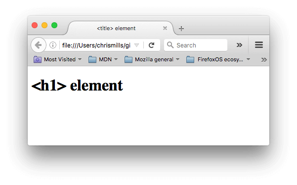Una sencilla página web con el título configurado a 'title' element, y el 'h1' configurado a 'h1' element.