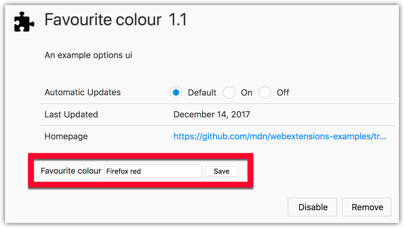 Ejemplo que muestra el contenido de la página de opciones agregado en el ejemplo de colores favoritos.
