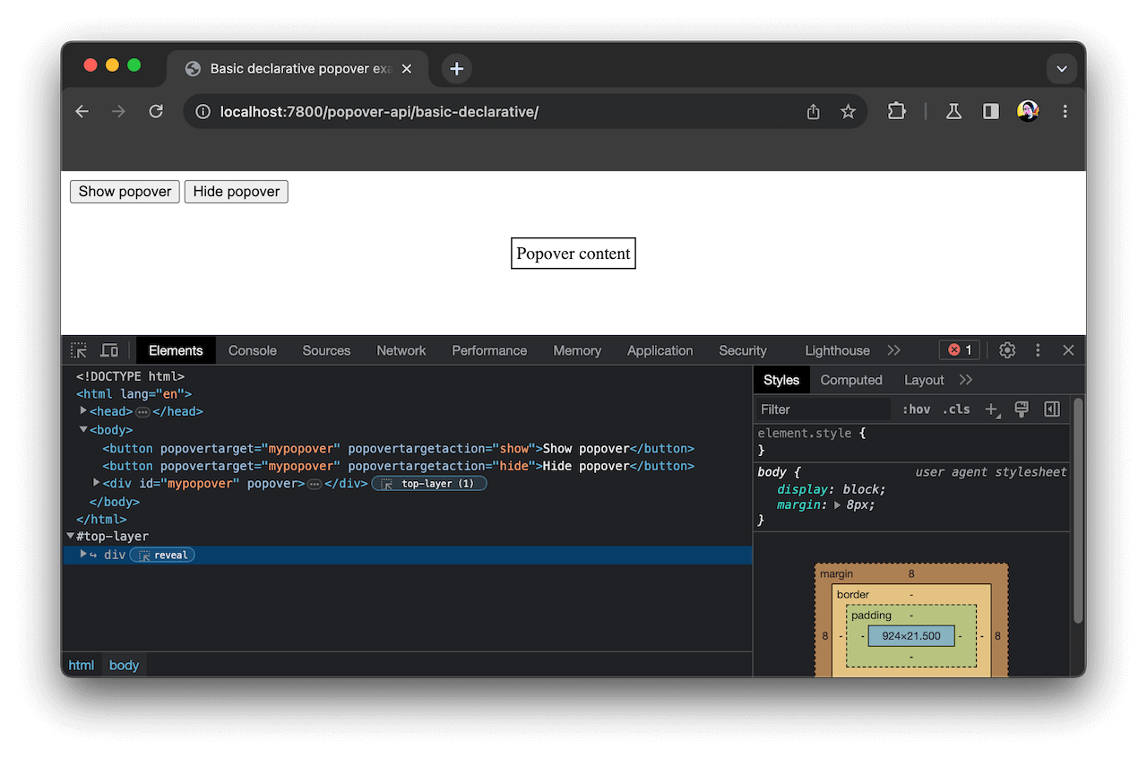 Un élément dans la couche supérieure, tel qu'affiché dans les outils de développement de Chrome