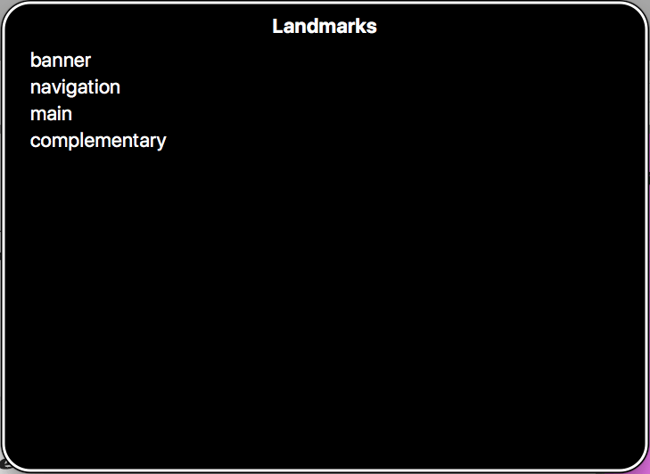 Capture d'écran du menu de VoiceOver sur macOS où la liste des repères (landmarks) inclut la bannière, l'élément de navigation, le contenu principal et le contenu complémentaire.