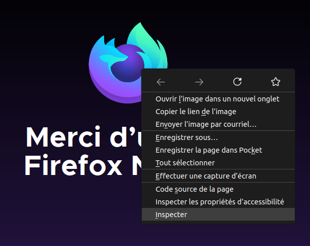 Le logo de Firefox comme un élément du DOM dans un site web d'exemple avec le menu contextuel affiché. Ce menu contextuel apparaît lors d'un clic-droit sur n'importe quel élément d'une page web. La dernière option du menu indique « Inspecter ».