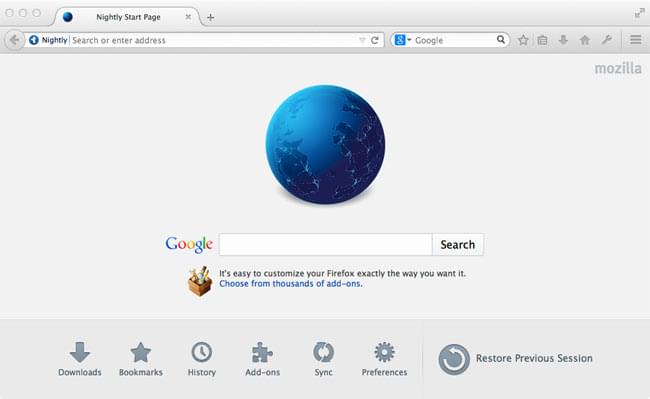 Exemple de Firefox nightly affichant par défaut une page Google page personnalisée