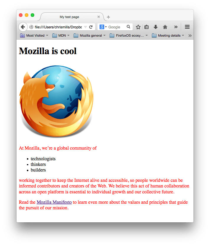 A mozilla logo and some paragraphs. The paragraph text has been styled red by our css.