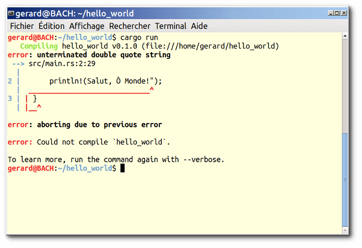 Console montrant le résultat de la compilation d'un programme Rust avec guillemet manquant dans une chaîne textuelle dans une instruction d'affichage. Le message signalé est « erreur : guillemet double manquant dans la chaîne ».