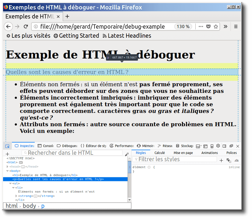 L'inspecteur HTML dans Firefox, avec le paragraphe de l'exemple en surbrillance, montrant le texte "Quelles sont les causes d'erreurs en HTML ? Ici, vous pouvez voir que l'élément de paragraphe a été fermé par le navigateur.