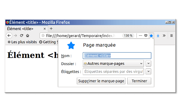 Une page Web marquée dans Firefox ; le nom du signet a été automatiquement rempli avec le contenu de l'élément <title>.