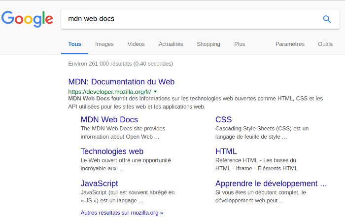 Une page de recherche Google pour "MDN web docs"
