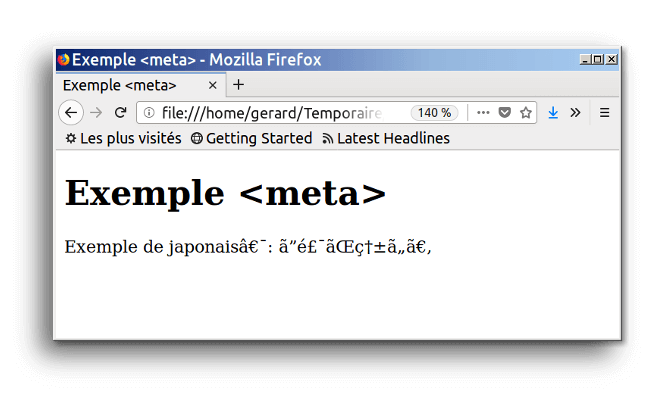 Une page Web contenant des caractères français et japonais, l'encodage des caractères étant réglé sur ISO latin. Les caractères japonais ne s'affichent pas correctement.