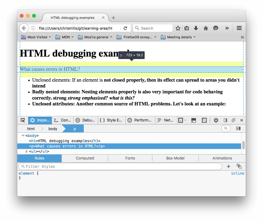 L'inspecteur HTML dans Firefox, avec le paragraphe de l'exemple en surbrillance, montrant le texte "Quelles sont les causes d'erreurs en HTML ? Ici, vous pouvez voir que l'élément de paragraphe a été fermé par le navigateur.