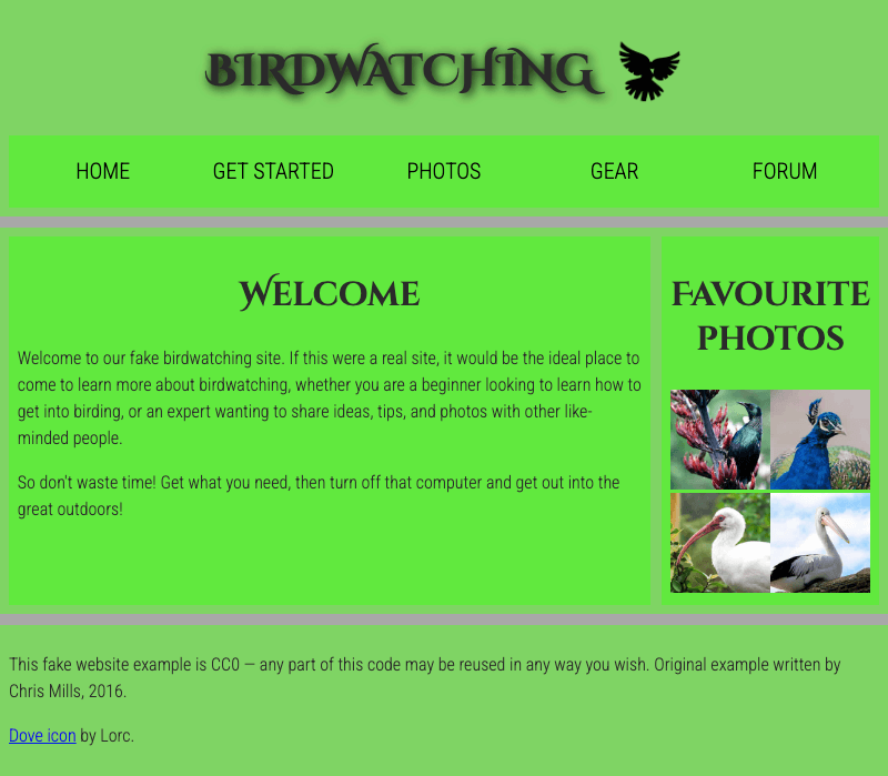 L'exemple final pour le défi ; une page web simple sur l'observation des oiseaux, comprenant un titre « Birdwatching », des photos d'oiseaux et un message de bienvenue