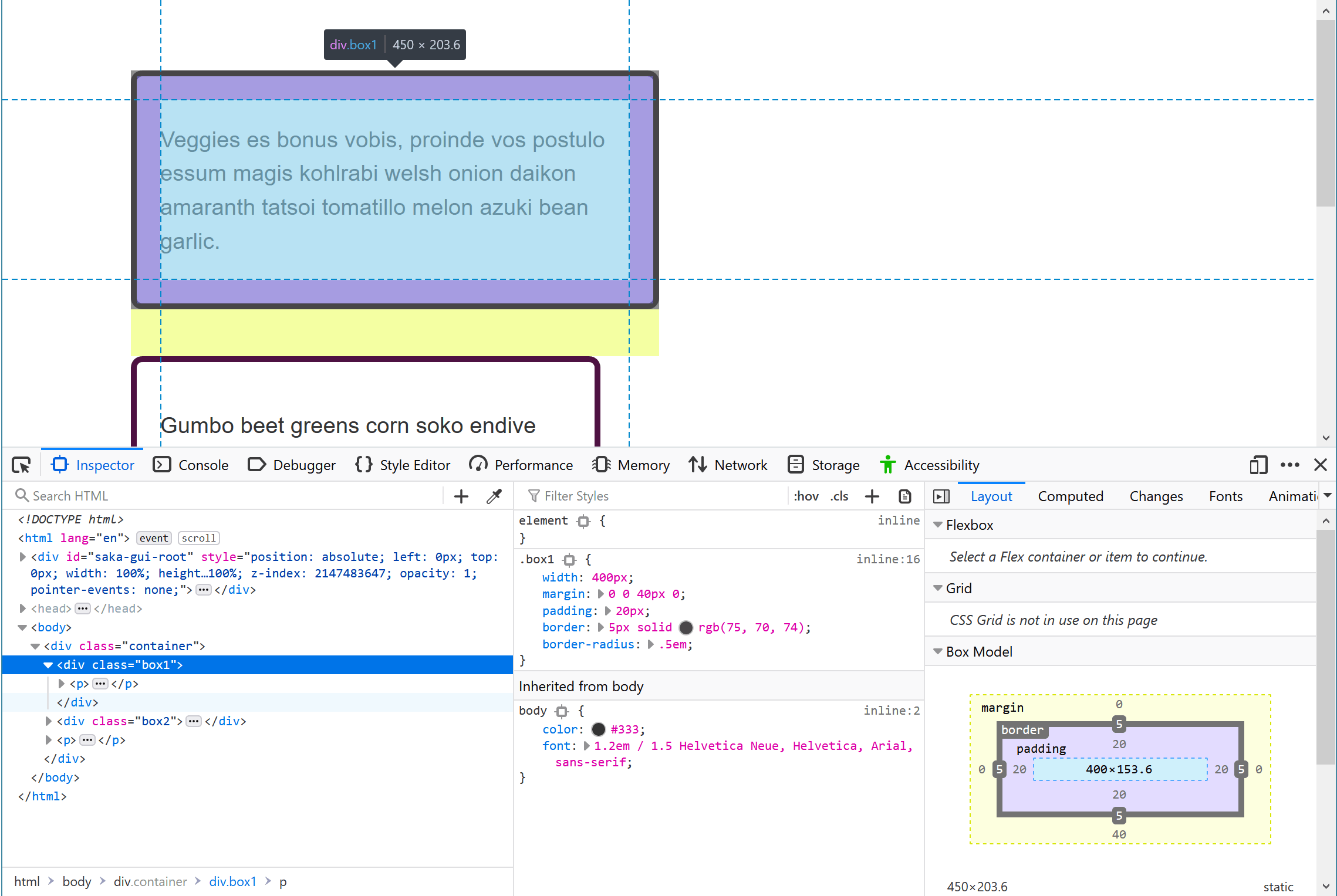 La page d'exemple pour ce tutoriel avec les outils de développement ouverts.