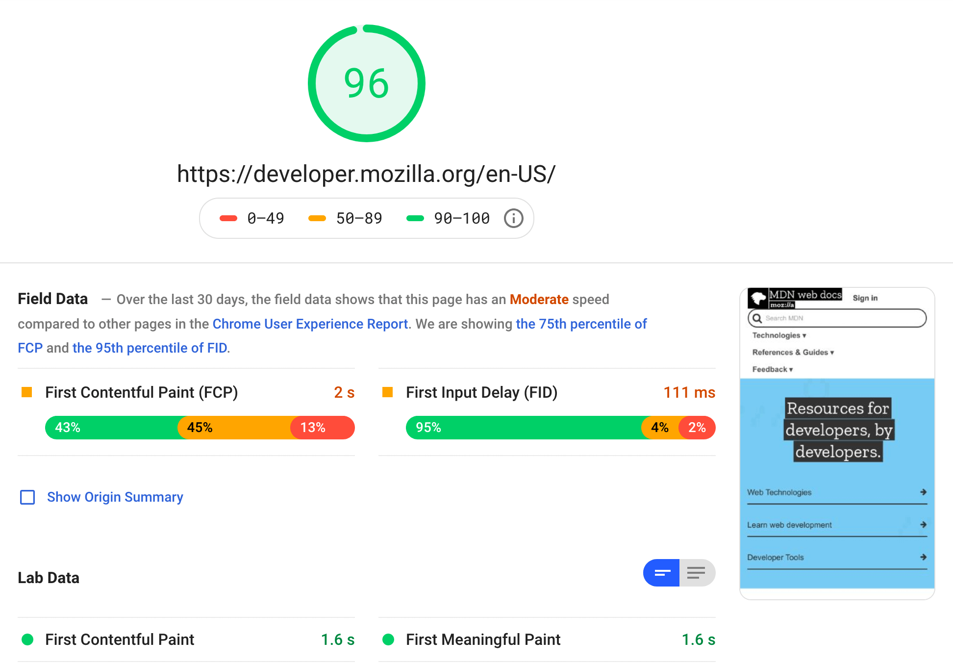 Une capture d'écran montrant le rapport PageSpeed Insights de la page d'accueil de Mozilla.